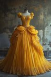 Pretty Ball Gown Sweetheart Yellow Tulle Long Quinceanera Dress Formal Gowns Vestido De 15 Anos Sweet 16 Dress HZ1214