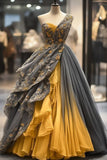 Pretty Ball Gown One Shoulder Yellow Lace Long Quinceanera Dress Formal Gowns Vestido De 15 Anos Sweet 16 Dress HZ1214