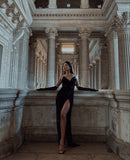 Classy Sheath Sweetheart Velvet High Split Cut Long Prom Dresses Formal Summer Wedding Guest Dresses Wedding Guest Outfit HZ1214