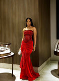Modest Mermaid Strapless Red Sequin Beads Formal Gown 20th Birthday Dress Prom Dresses 18th Birthday Outfits HZ1214