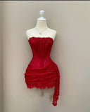Cute Sheath Strapless Red Summer Lace Homecoming Dress Hoco Dress Mini 18th Birthday Outfit Cocktail Dresses HZ1214