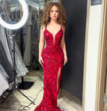 Modest Sheath Spaghetti Straps Red Sequin Formal Gown 20th Birthday Dress Prom Dresses 18th Birthday Outfits HZ1214