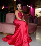 Modest Mermaid Spaghetti Straps Red Satin Formal Gown 20th Birthday Dress Prom Dresses 18th Birthday Outfits HZ1214