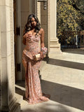 Modest Sheath Strapless Blush Pink Slit Sequin Formal Gown 23rd Birthday Dress Prom Dresses 20th Birthday Outfits HZ1214
