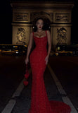 Modest Mermaid Straps Red Sequin Formal Gown 20th Birthday Dress Prom Dresses 18th Birthday Outfits HZ1214