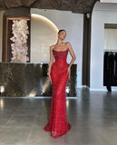 Vintage Sheath Strapless Sequin Red Beads Long Prom Dresses Party Dress Graduation Dresses HZ1214