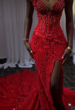 Sexy Mermaid Red Straps Sequin Formal Gown 23rd Birthday Dress Prom Dresses Black Girl 20th Birthday Outfits HZ1214