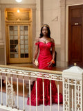 Sexy Mermaid Off the Shoulder Red Sequin Formal Gown Black Girl 23rd Birthday Dress Prom Dresses 20th Birthday Outfits HZ1214