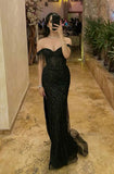 Sexy Mermaid Off The Shoulder Sequin Black Formal Gown 23rd Birthday Dress Prom Dresses 20th Birthday Outfits HZ1214