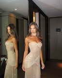 Classy Mermaid Sweetheart Champagne Sequin Long Prom Dresses Formal Gown Summer Wedding Guest Dress Wedding Guest Attire HZ1214