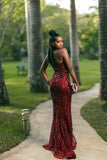 Classy Mermaid Halter Burgundy Sequin Beads Long Prom Dresses Party Dress Black Girl Outfits Graduation Dresses HZ1214