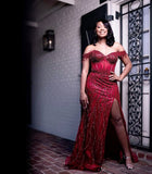 Classy Mermaid Off The Shoulder Burgundy Slit Sequin Long Prom Dresses Party Dress Black Girl Outfits Graduation Dresses HZ1214