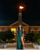 Classy Mermaid Spaghetti Straps Green Slit Sequin Long Prom Dresses Party Dress Black Girl Outfits Graduation Dresses HZ1214