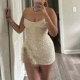 Simple Sheath Strapless Sequin White Summer Birthday Dresses For Teens Hoco Dress Mini 18th Birthday Outfit Cocktail Dresses HZ1214