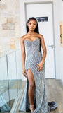 Modest Mermaid Sweetheart Gray Slit Formal Gown 20th Birthday Dress Prom Dresses Black Girl 18th Birthday Outfits HZ1214