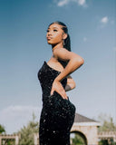 Vintage Mermaid Sweetheart Black Sequin Long Prom Dresses Party Dress Black Girl Outfits Graduation Dresses HZ1214
