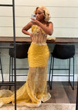 Vintage Mermaid Sweetheart Yellow Sleeveless Long Prom Dresses Party Dress Black Girl Outfits Graduation Dresses HZ1214