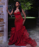 Vintage Mermaid Sweetheart Red Sleeveless Long Prom Dresses Party Dress Black Girl Outfits Graduation Dresses HZ1214