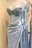 Vintage Mermaid Sweetheart Light Sky blue Satin Sleeveless Long Prom Dresses Party Dress Split Birthday Outfits Graduation Dresses HZ1214