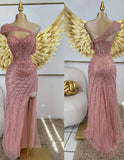 Classy Mermaid Sweetheart Pink Sequin Sleeveless Slit Long Prom Dresses Party Dress Birthday Outfits Graduation Dresses HZ1214