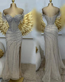 Classy Mermaid Off The Shoulder Champagne Sequin Split Long Slit Prom Dresses Party Dress Birthday Outfits Graduation Dresses HZ1214