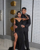 Vintage Mermaid V Neck Black Pearls Slit Sleeveless Long Prom Dresses Party Dress Black Girl Birthday Outfits Graduation Dresses HZ1214