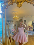 Cute A line Halter Pink Satin Short Summer Birthday Dresses Hoco Dress Mini 18th Birthday Outfit Cocktail Dresses HZ1214