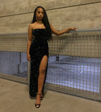 Classy Mermaid Strapless Black Sequin Sleeveless Long Prom Dresses Party Dress Birthday Outfits Graduation Dresses HZ1214