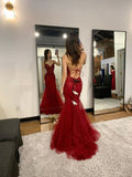 Classy Mermaid Straps Red Tulle Backless Long Prom Dresses Party Dress Birthday Outfits Graduation Dresses HZ1214