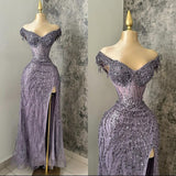 Sexy Mermaid Off The Shoulder Grape Slit Sequin Prom Dresses Party Dress Summer Black Girls Birthday Outfits Birthday Dresses HZ1214