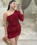 Pretty Sheath One Shoulder Burgundy Sequin Summer 16th Birthday Dresses For Teens Hoco Dress Mini 18th Gold Birthday Outfit Cocktail Dresses HZ1214