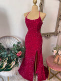 Vintage Mermaid Halter Pink Backless Sequins Long Evening Party Gowns Evening Formal Dresses Prom Dress HZ1214