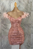 Pretty Sheath Off The Shoulder Pink Sequin Summer 16th Birthday Dresses For Teens Hoco Dress Mini 18th Gold Birthday Outfit Cocktail Dresses For Women HZ1214