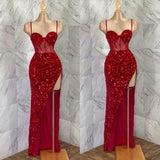 Classy Mermaid Straps Red Sequin High Slit Long Prom Dresses Party Dress Birthday Outfits Graduation Dresses HZ1214