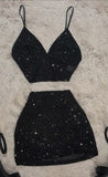 Pretty Sheath 2 Pieces Little Black Dress Sequin Short Homecoming Dresses Summer Hoco Dresses Cocktail Dress Birthday Outfits HZ1214