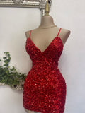 Cute Sheath Spaghetti Straps Sequin Red Short Homecoming Dress Summer Middle School Formal Hoco Dresses Cocktail Dress Birthday Outfits HZ1214