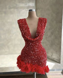 Cute Sheath V Neck Sequin Red Short Homecoming Dress Summer Middle School Formal Hoco Dresses Cocktail Dress Birthday Outfit HZ1214