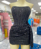 Trendy Sheath Strapless Little Black Dress Sequin Formal Short Homecoming Dress Summer Middle School Hoco Dresses Cocktail Dress Birthday Outfits HZ1214