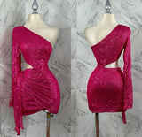 Cute Sheath One Shoulder Sequin Hot Pink Short Homecoming Dress Summer Middle School Formal Hoco Dresses Cocktail Dress Birthday Outfits HZ1214
