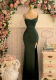 Classy Mermaid Spaghetti Straps Dark Green Satin High Slit Long Prom Dresses Party Dress Birthday Outfits Graduation Dresses HZ1214