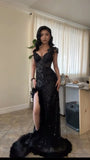 Classy Mermaid Spaghetti Straps Black Sequin High Slit Long Prom Dresses Party Dress Birthday Outfits Graduation Dresses HZ1214