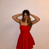 Cute A line Strapless Red Satin Short Homecoming Dress Summer Middle School Formal Hoco Dresses Cocktail Dress Birthday Outfits HZ1214