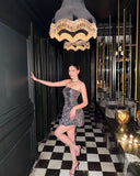 Cute A line Strapless Sequin Short Balloon Homecoming Dress Summer Middle School Formal Hoco Dresses Cocktail Dress Birthday Outfits HZ1214