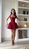 Trendy A line Square Burgundy Sleeveless Formal Short 8th Grade Homecoming Dress Summer Middle School Hoco Dresses Cocktail Dress Birthday Outfits HZ1214