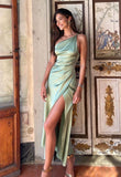 Classy Mermaid One Shoulder Mint Green Satin Long Formal Gown Summer Slit Wedding Guest Dress Bridal Guest Dresses Wedding Outfits For Guest HZ1214