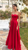 Classy A line Sweetheart Red Satin Long Formal Gown Summer Wedding Guest Dress Bridal Guest Dresses Wedding Outfits For Guest HZ1214