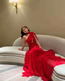Classy A line One Shoulder Chiffon Red Long Formal Gown Summer Wedding Guest Dress Bridal Guest Dresses Wedding Outfits For Guest HZ1214