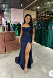 Classy Mermaid Halter Navy Blue Slit Long Prom Dresses Formal Gown Summer Wedding Guest Dress Wedding Outfits For Guest HZ1214