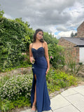 Classy Mermaid Spaghetti Straps Navy Blue Slit Long Prom Dresses Formal Gown Summer Wedding Guest Dress Wedding Outfits For Guest HZ1214