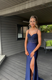 Classy Mermaid Spaghetti Straps Navy Blue Slit Long Prom Dresses Formal Gown Summer Wedding Guest Dress Wedding Outfits For Guest HZ1214